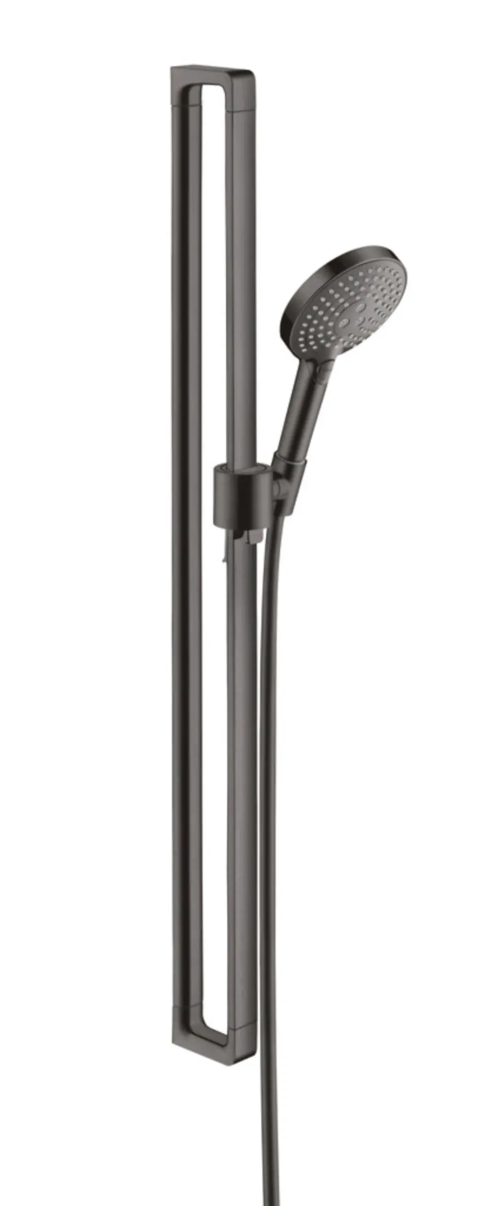 Handbrause mit Schlauch in einer Halterung, beide in gebürstetem Schwarzchrom. Das Design ist modern und funktional, hergestellt von Axor.